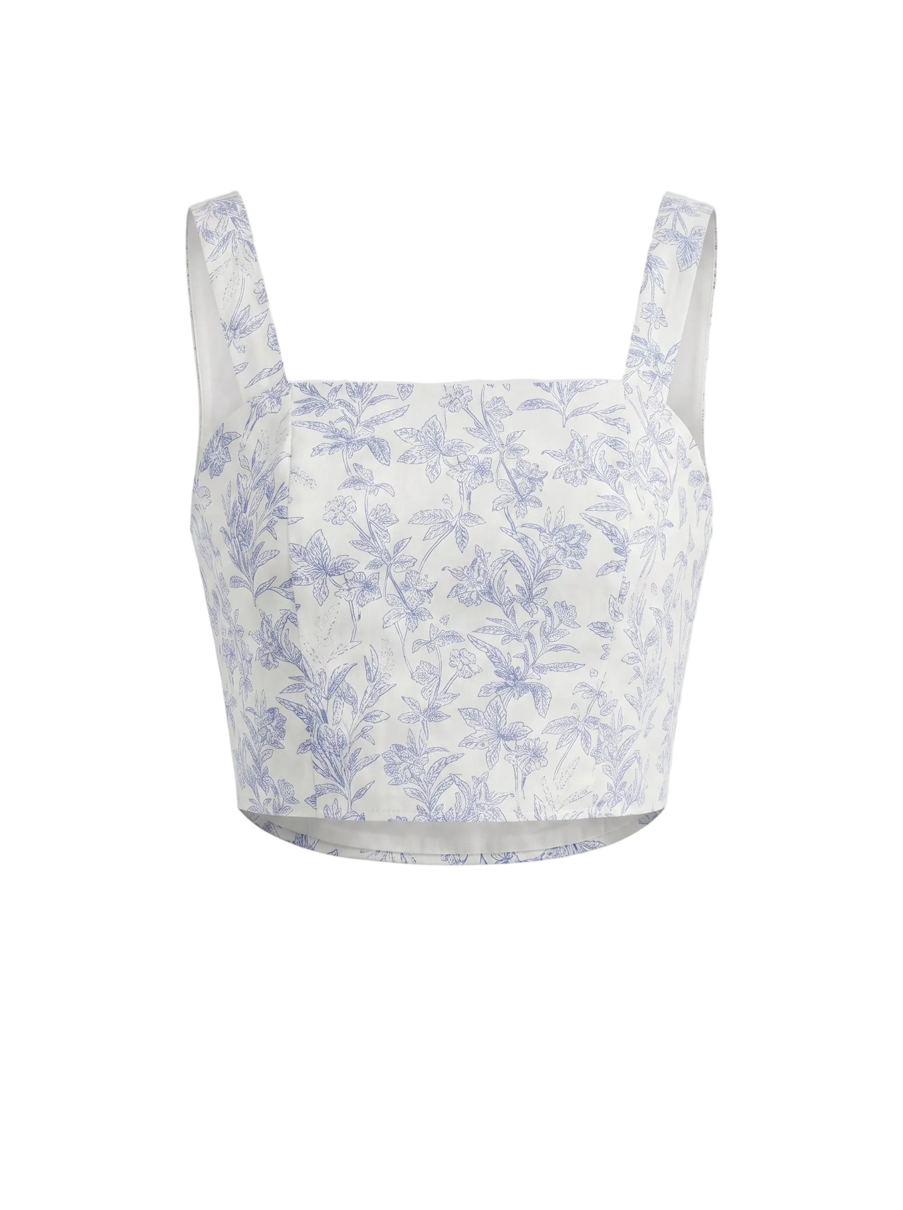 Top crop corset estampado botánico blanco y azul
