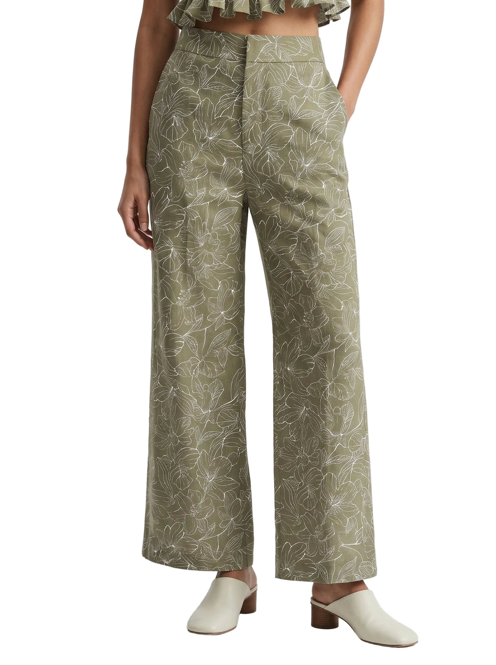 Pantalón floral de lino verde oliva