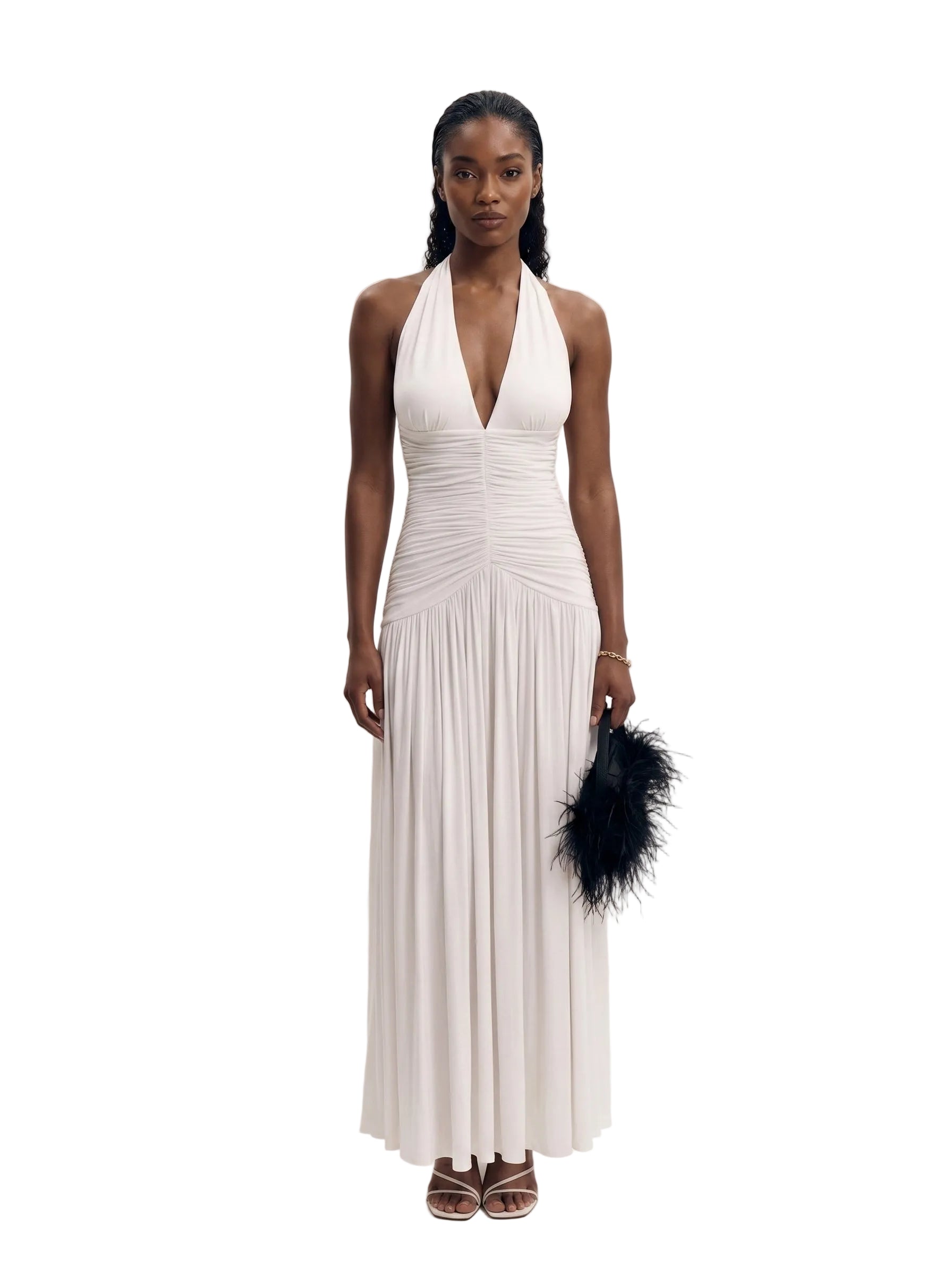 Vestido Maxi Halter con Fruncido Central Blanco