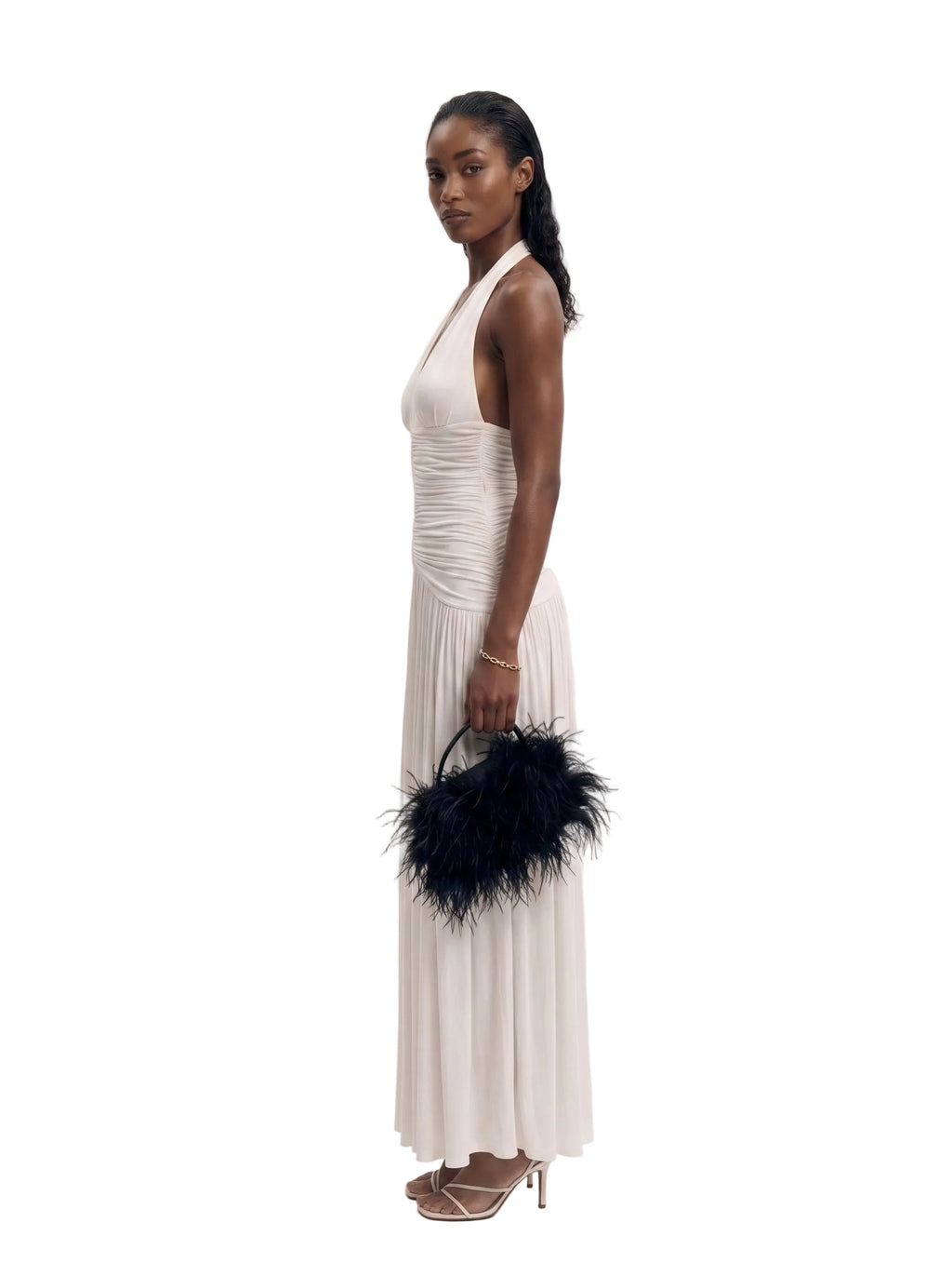 Vestido Maxi Halter con Fruncido Central Blanco