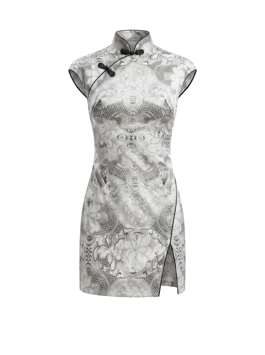 Vestido Mini Estilo Qipao con Estampado Oriental Gris Plata