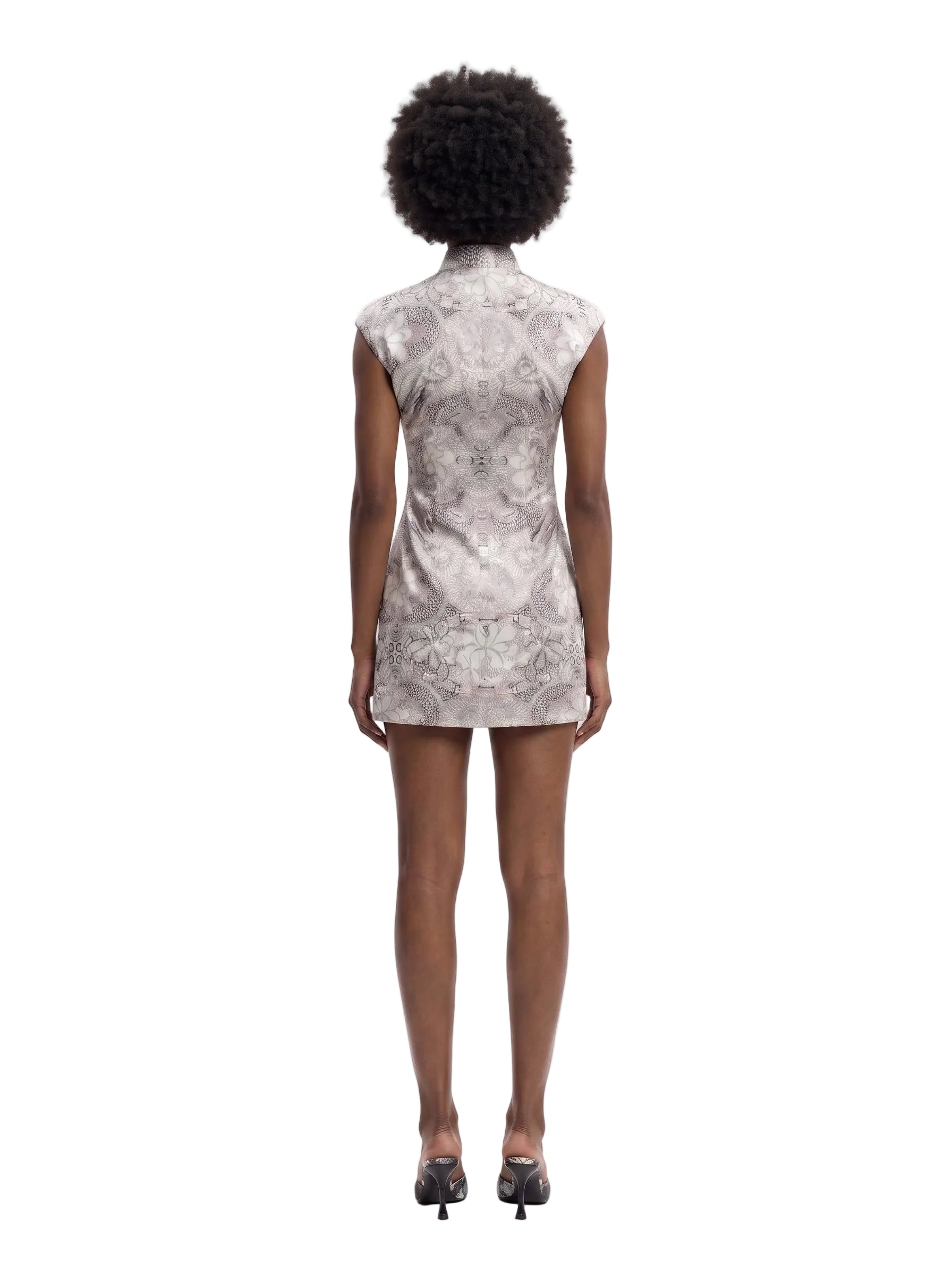 Vestido Mini Estilo Qipao con Estampado Oriental Gris Plata