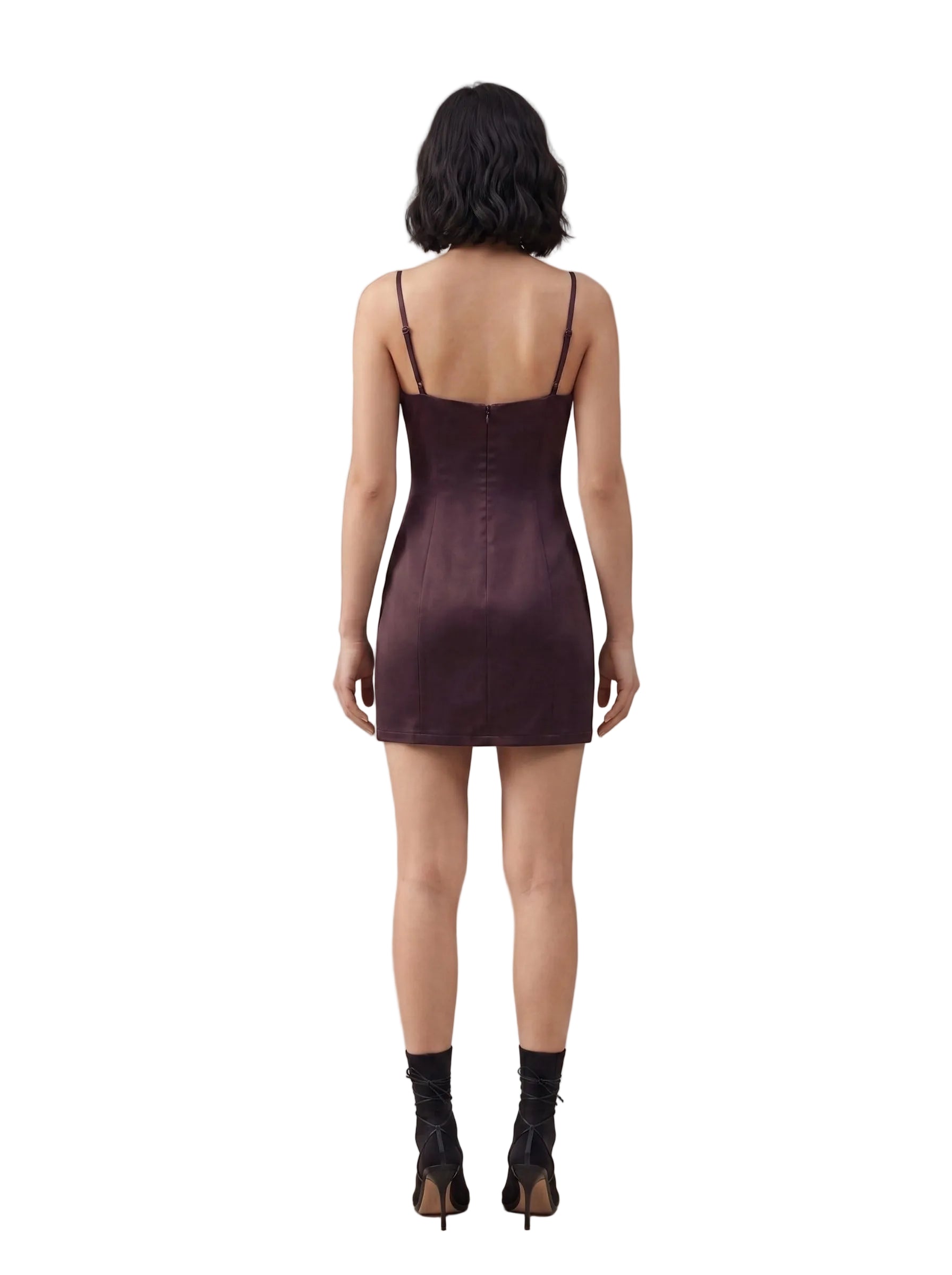 Vestido Mini Satinado con Tirantes Ciruela