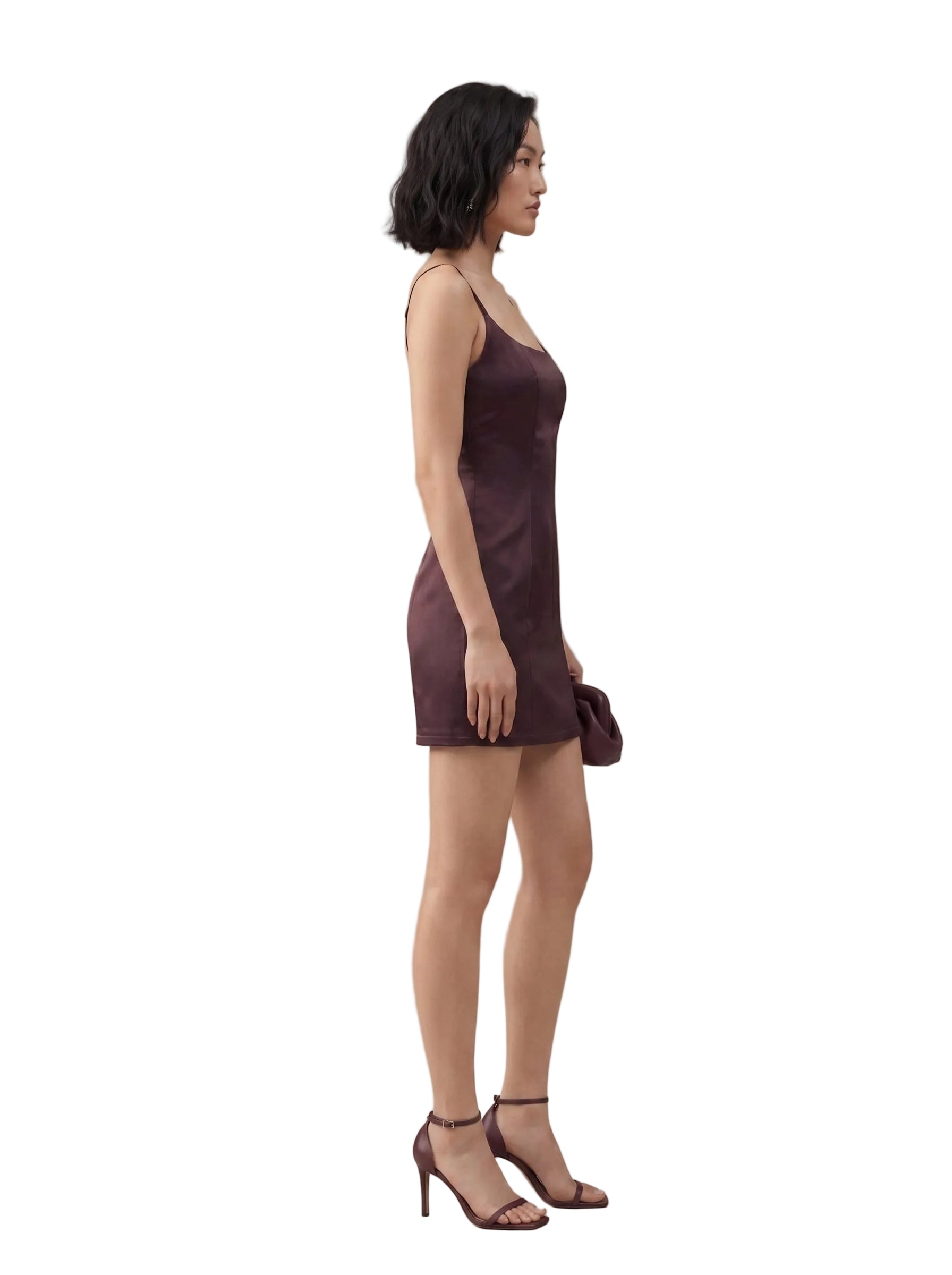 Vestido Mini Satinado con Tirantes Ciruela
