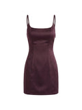 Vestido Mini Satinado con Tirantes Ciruela
