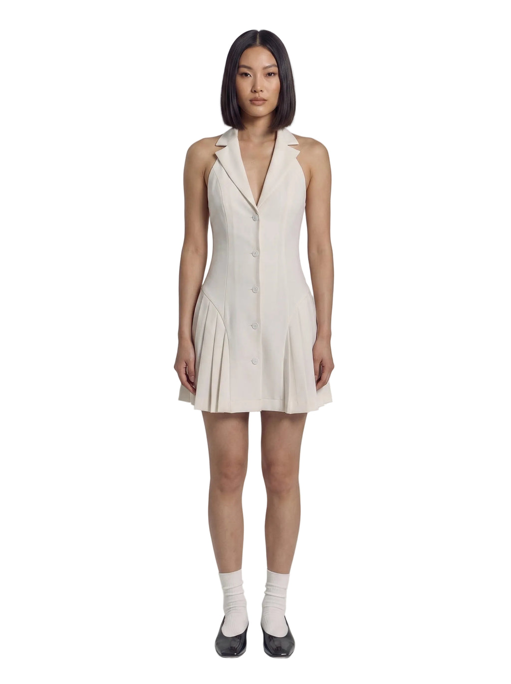 Vestido Mini Blazer con Espalda Abierta y Falda Plisada Beige Marfil