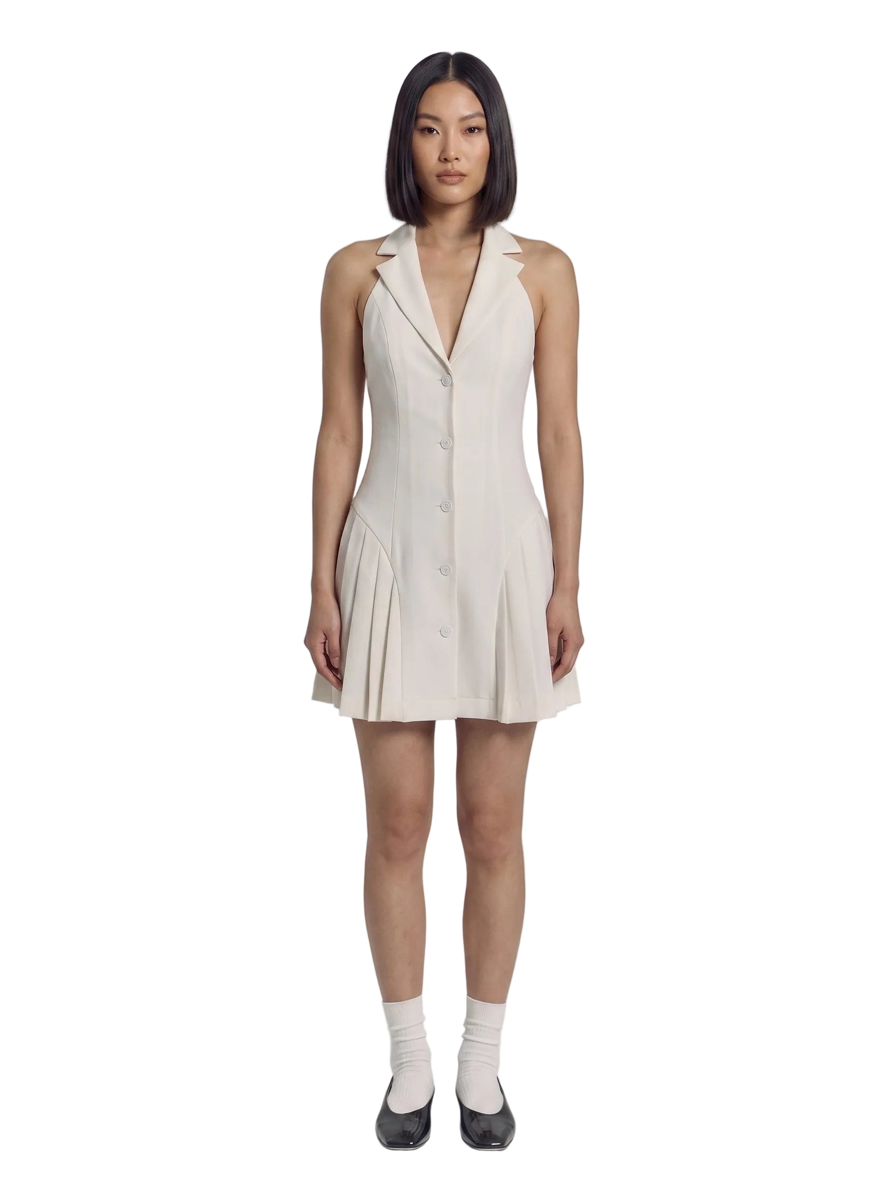 Vestido Mini Blazer con Espalda Abierta y Falda Plisada Beige Marfil