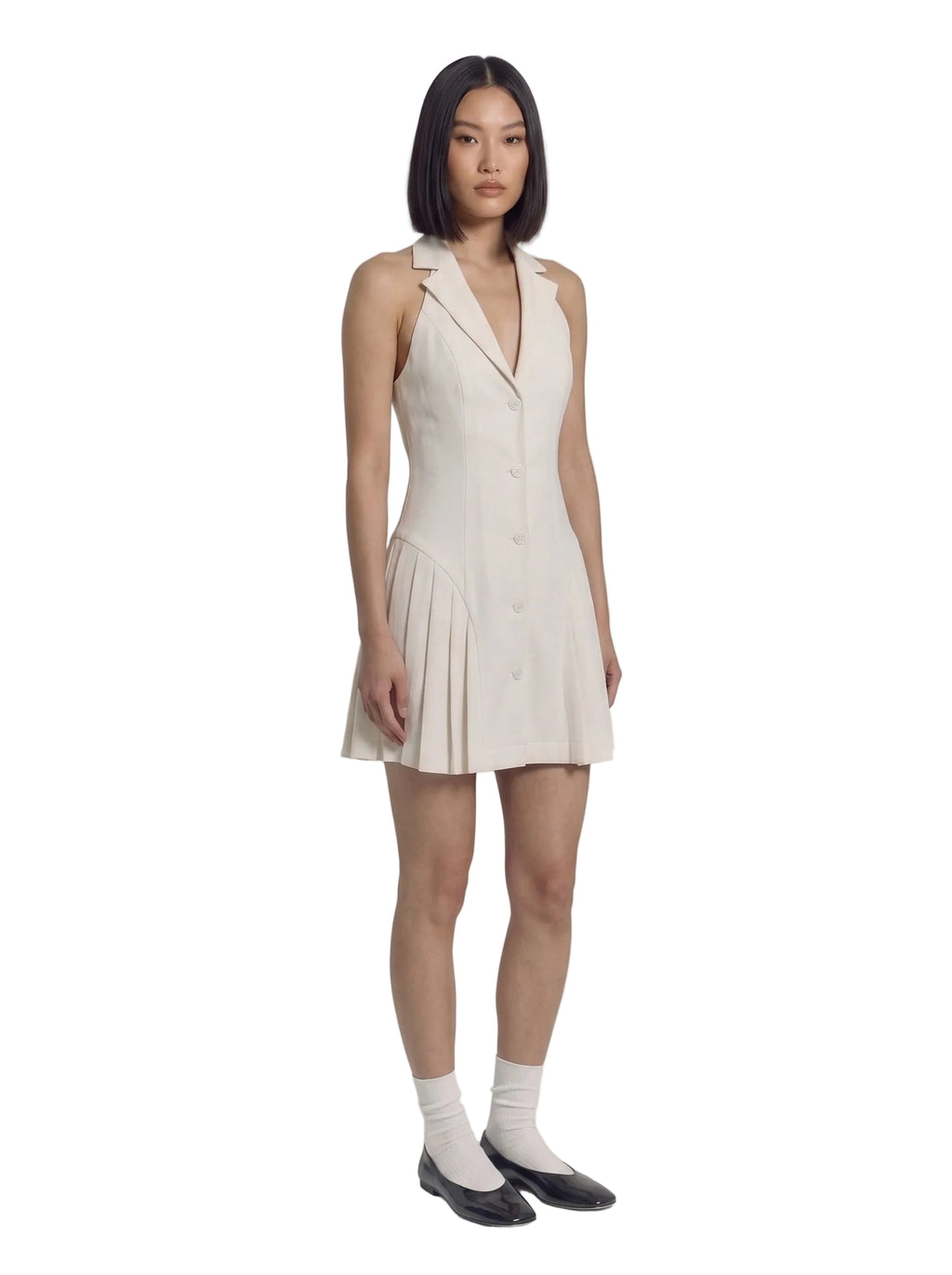 Vestido Mini Blazer con Espalda Abierta y Falda Plisada Beige Marfil