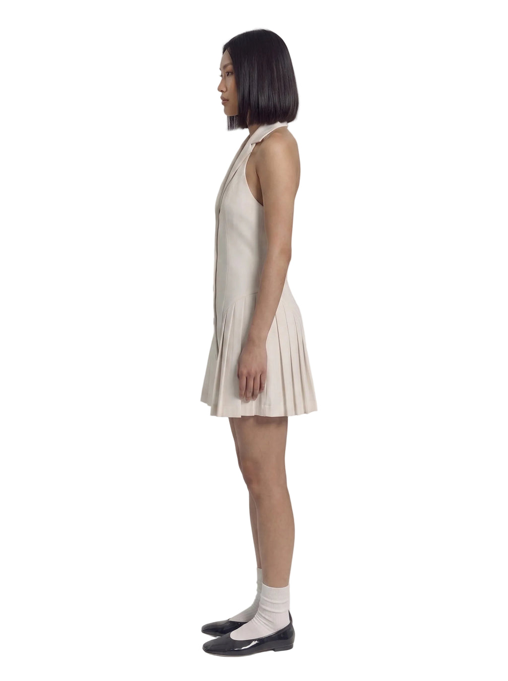 Vestido Mini Blazer con Espalda Abierta y Falda Plisada Beige Marfil