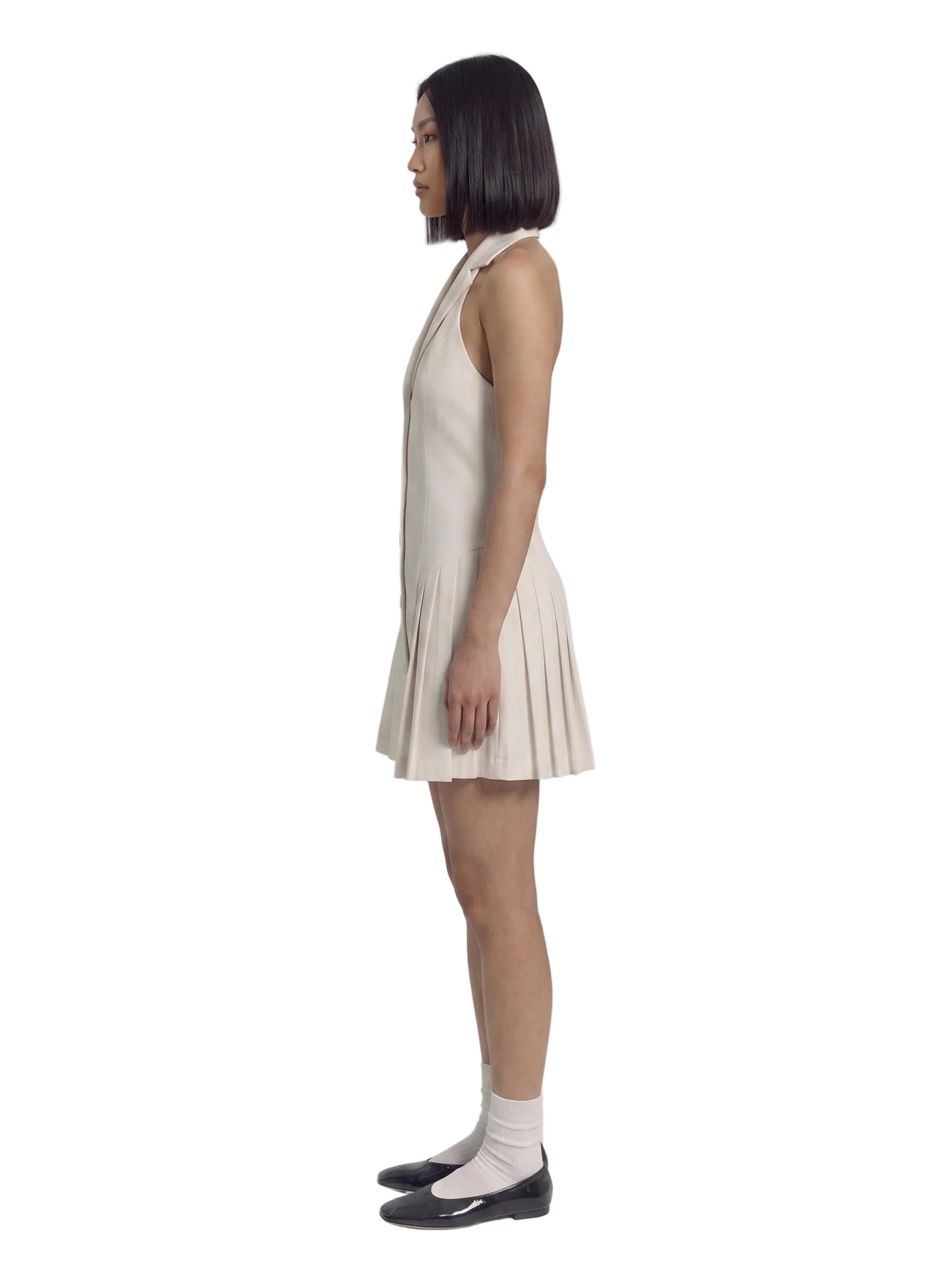 Vestido Mini Blazer con Espalda Abierta y Falda Plisada Beige Marfil