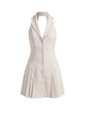 Vestido Mini Blazer con Espalda Abierta y Falda Plisada Beige Marfil