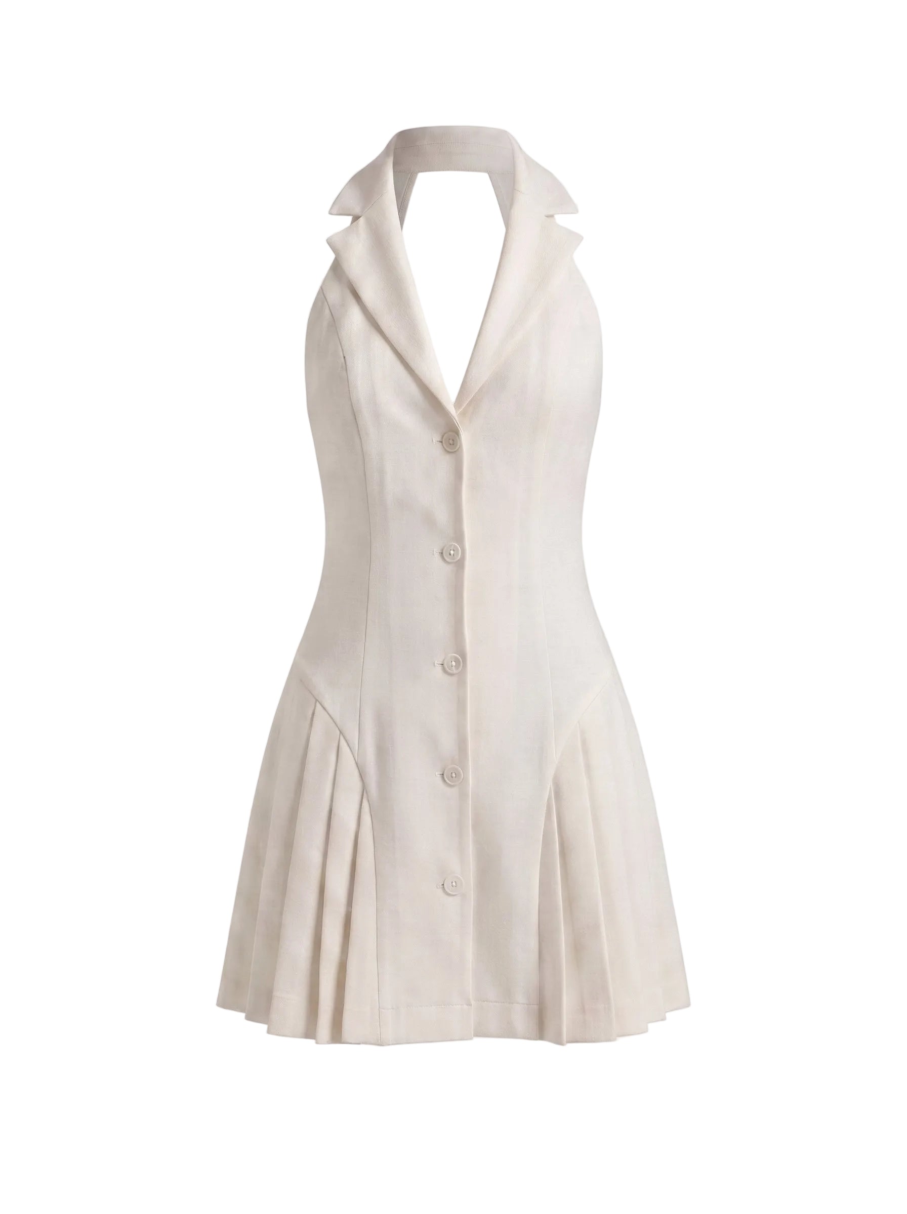 Vestido Mini Blazer con Espalda Abierta y Falda Plisada Beige Marfil