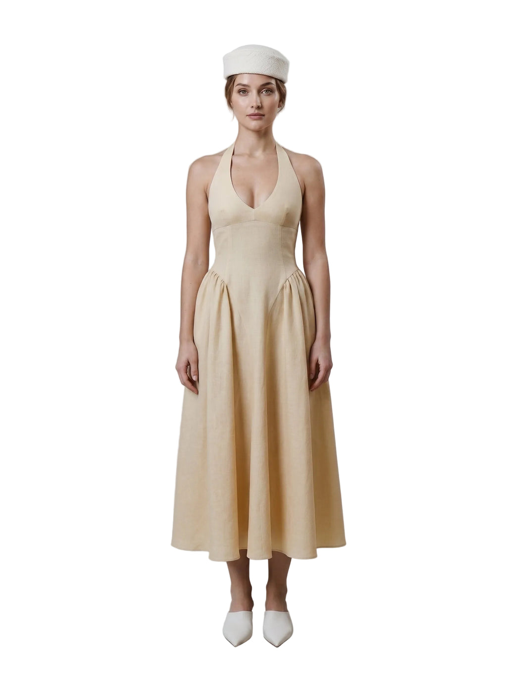Vestido Halter en Lino con Falda Asimétrica Beige Arena