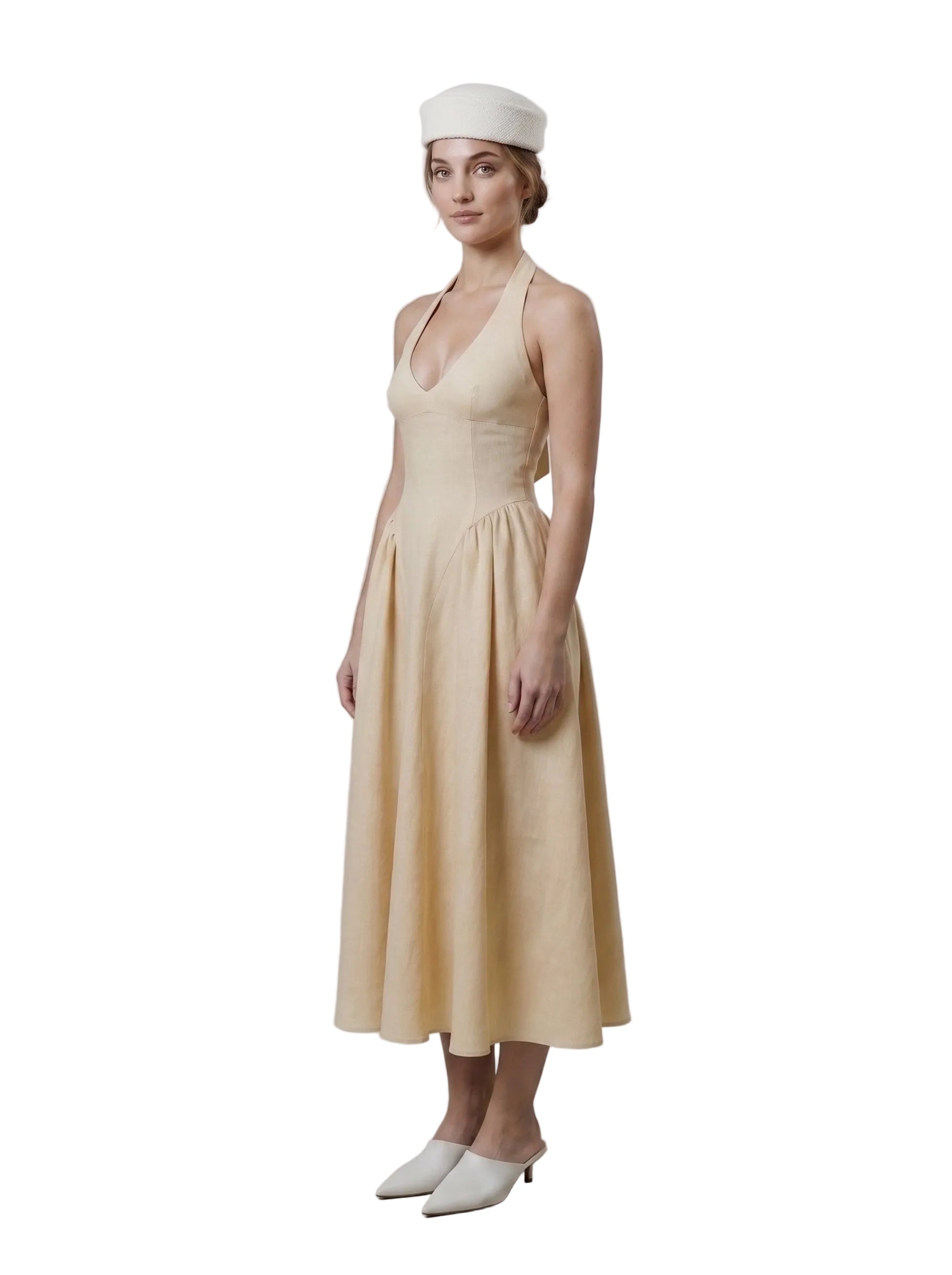 Vestido Halter en Lino con Falda Asimétrica Beige Arena