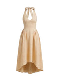 Vestido Halter en Lino con Falda Asimétrica Beige Arena