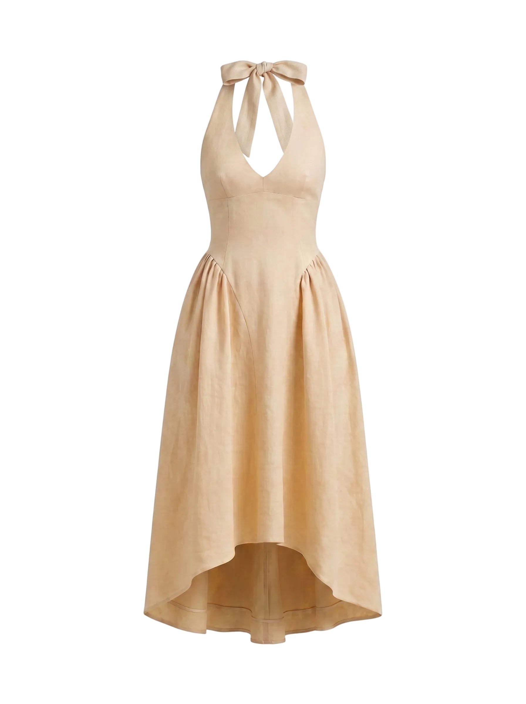 Vestido Halter en Lino con Falda Asimétrica Beige Arena