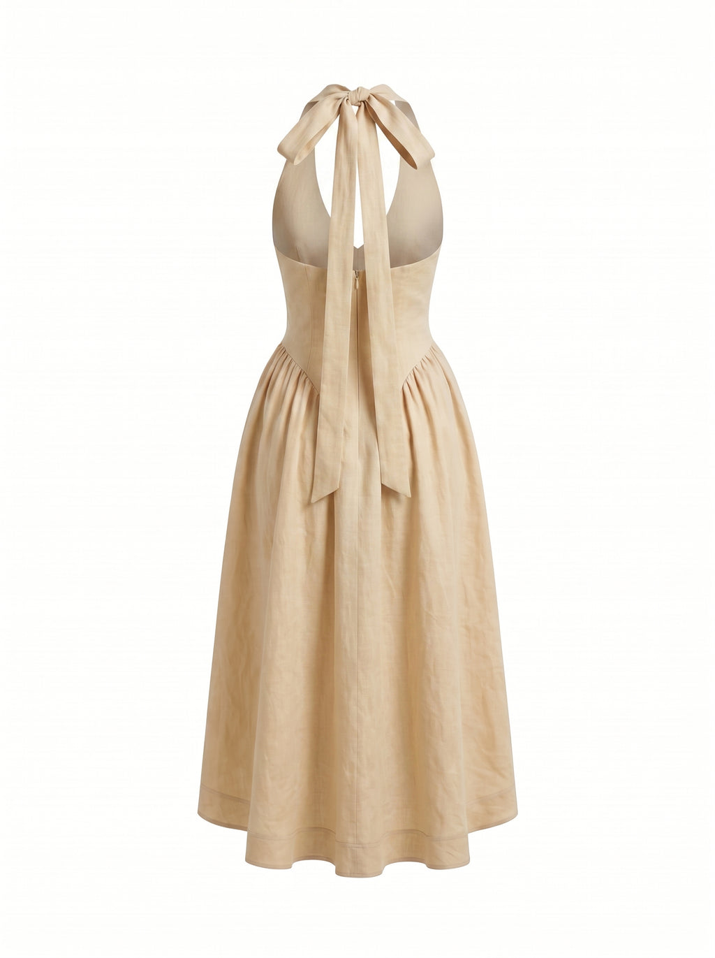 Vestido Halter en Lino con Falda Asimétrica Beige Arena