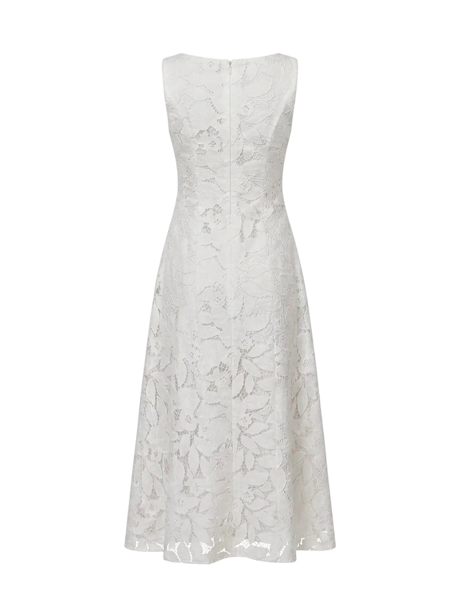 Vestido Midi en Encaje Floral Blanco Marfil