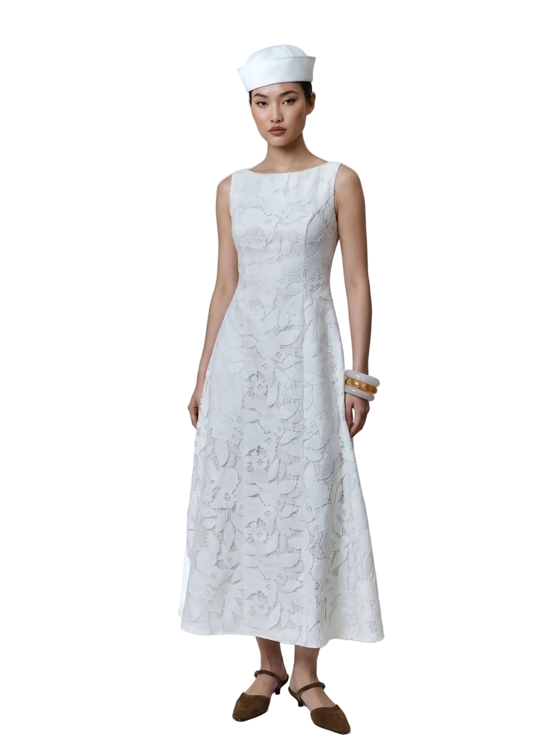 Vestido Midi en Encaje Floral Blanco Marfil