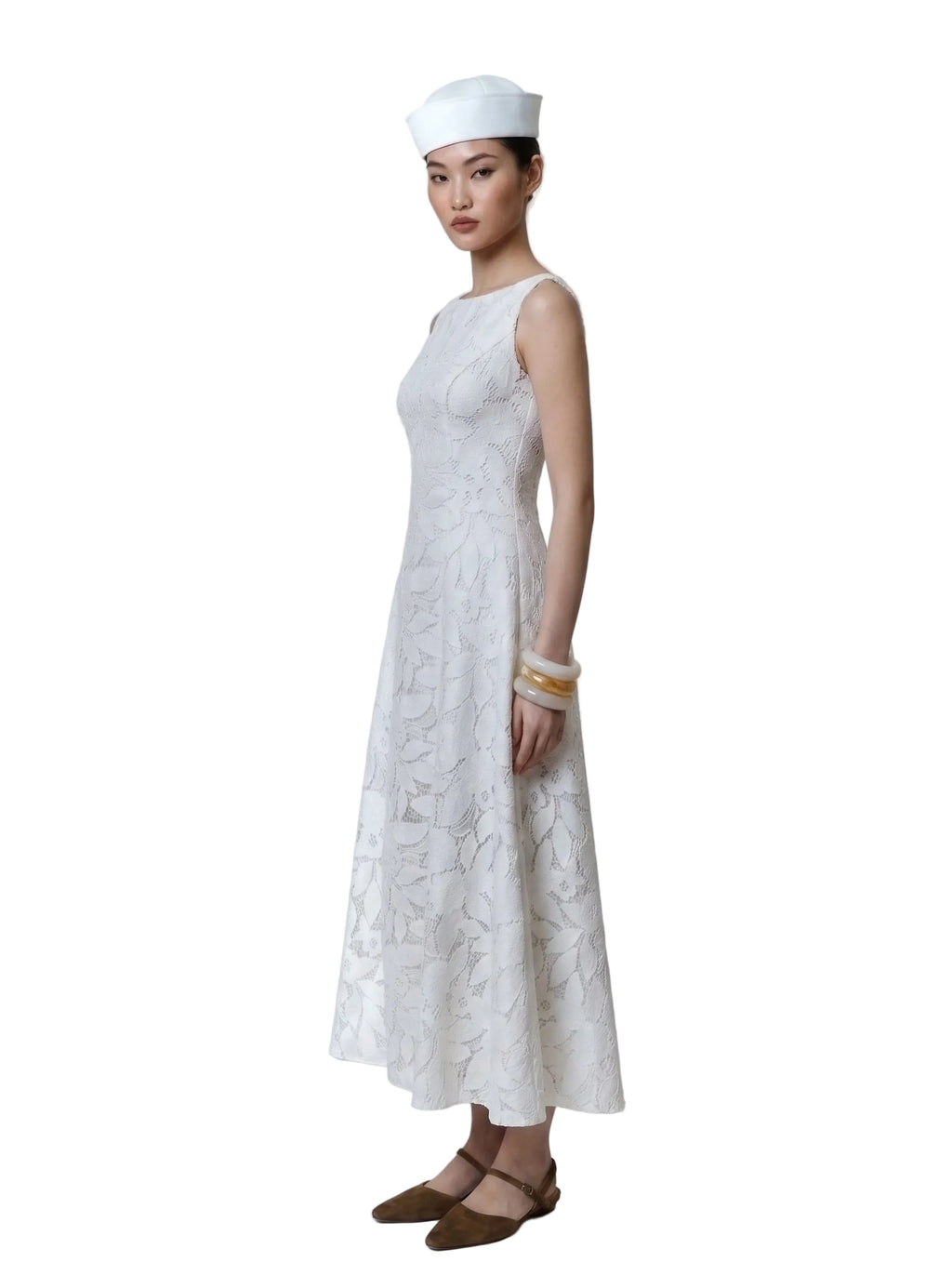 Vestido Midi en Encaje Floral Blanco Marfil