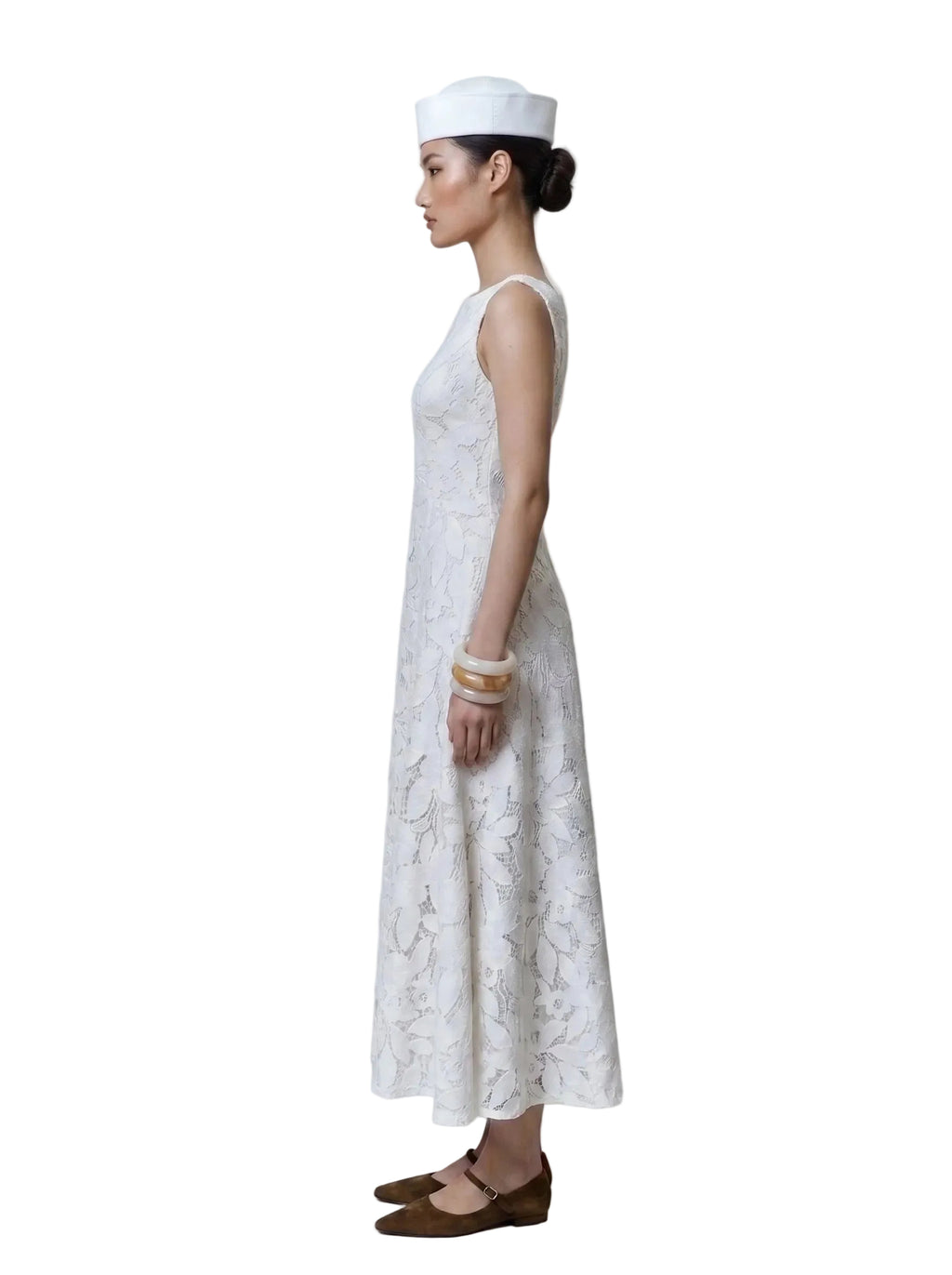 Vestido Midi en Encaje Floral Blanco Marfil