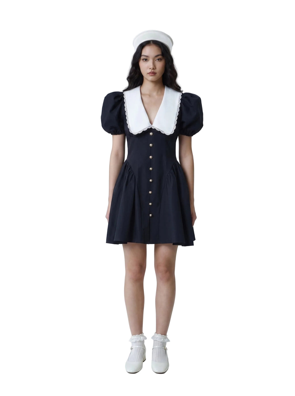 Vestido Mini con Cuello Marinero y Mangas Globo Azul Marino