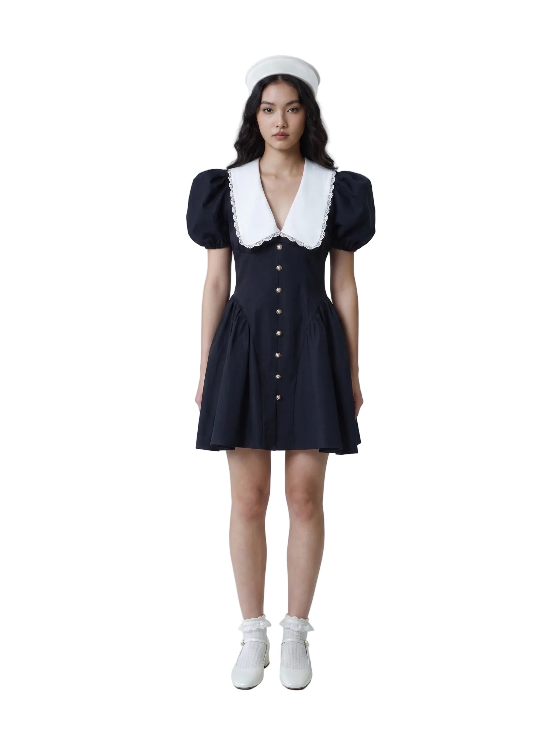 Vestido Mini con Cuello Marinero y Mangas Globo Azul Marino