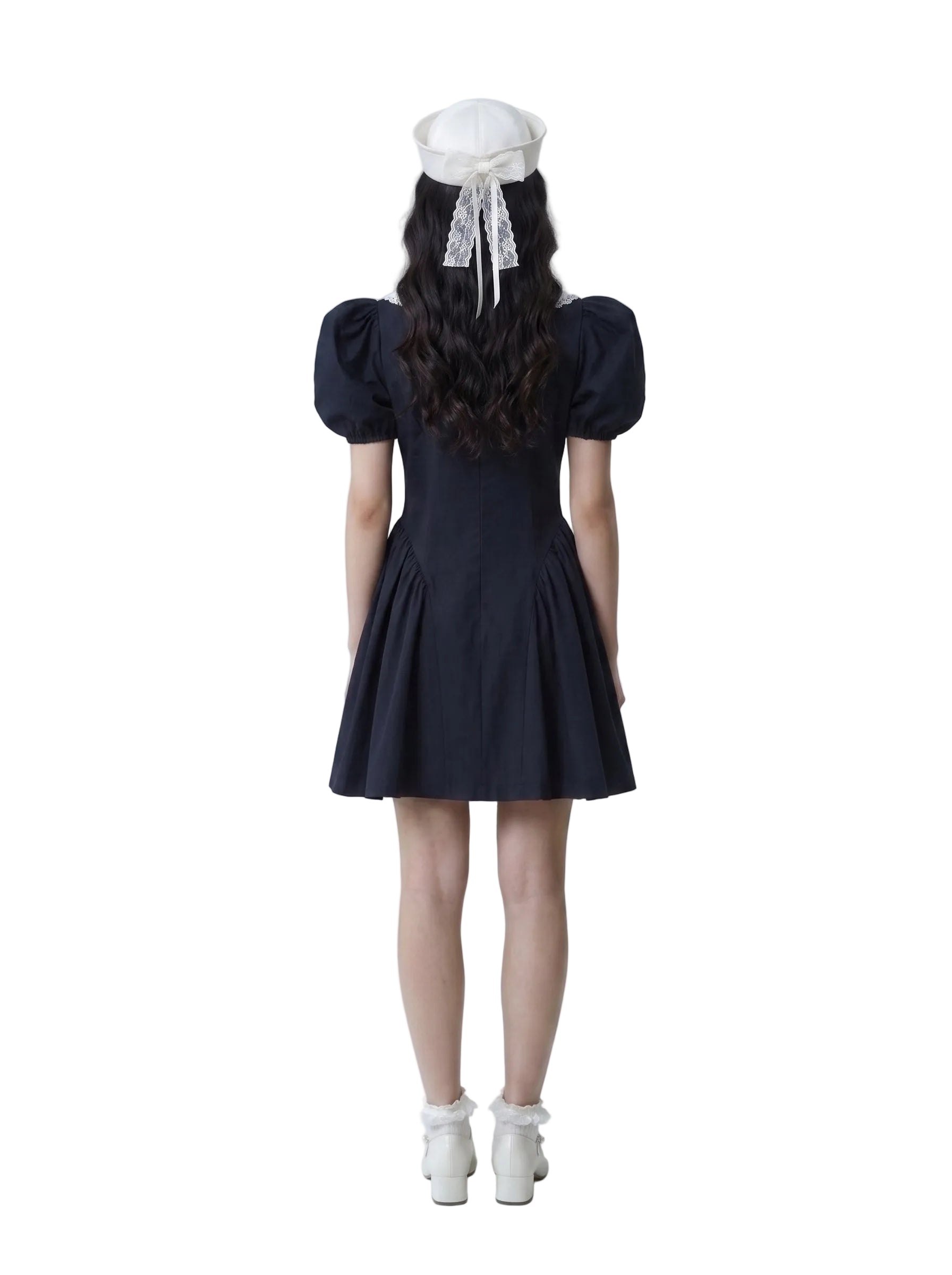 Vestido Mini con Cuello Marinero y Mangas Globo Azul Marino