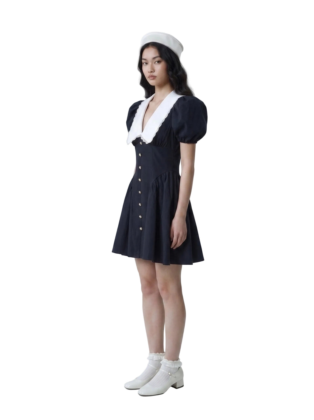 Vestido Mini con Cuello Marinero y Mangas Globo Azul Marino