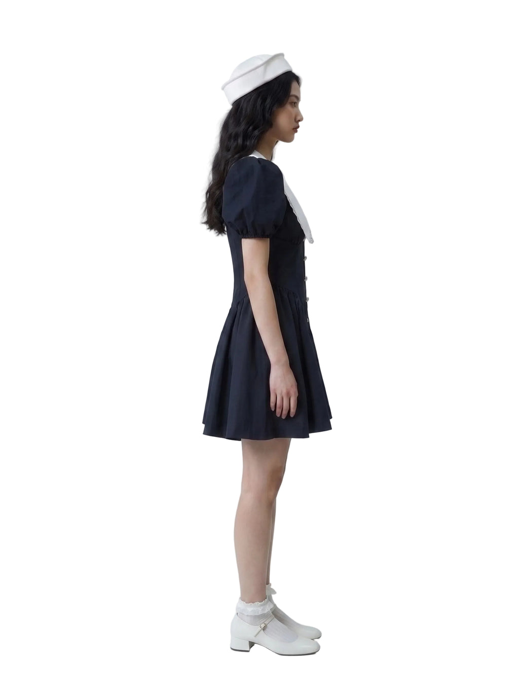 Vestido Mini con Cuello Marinero y Mangas Globo Azul Marino