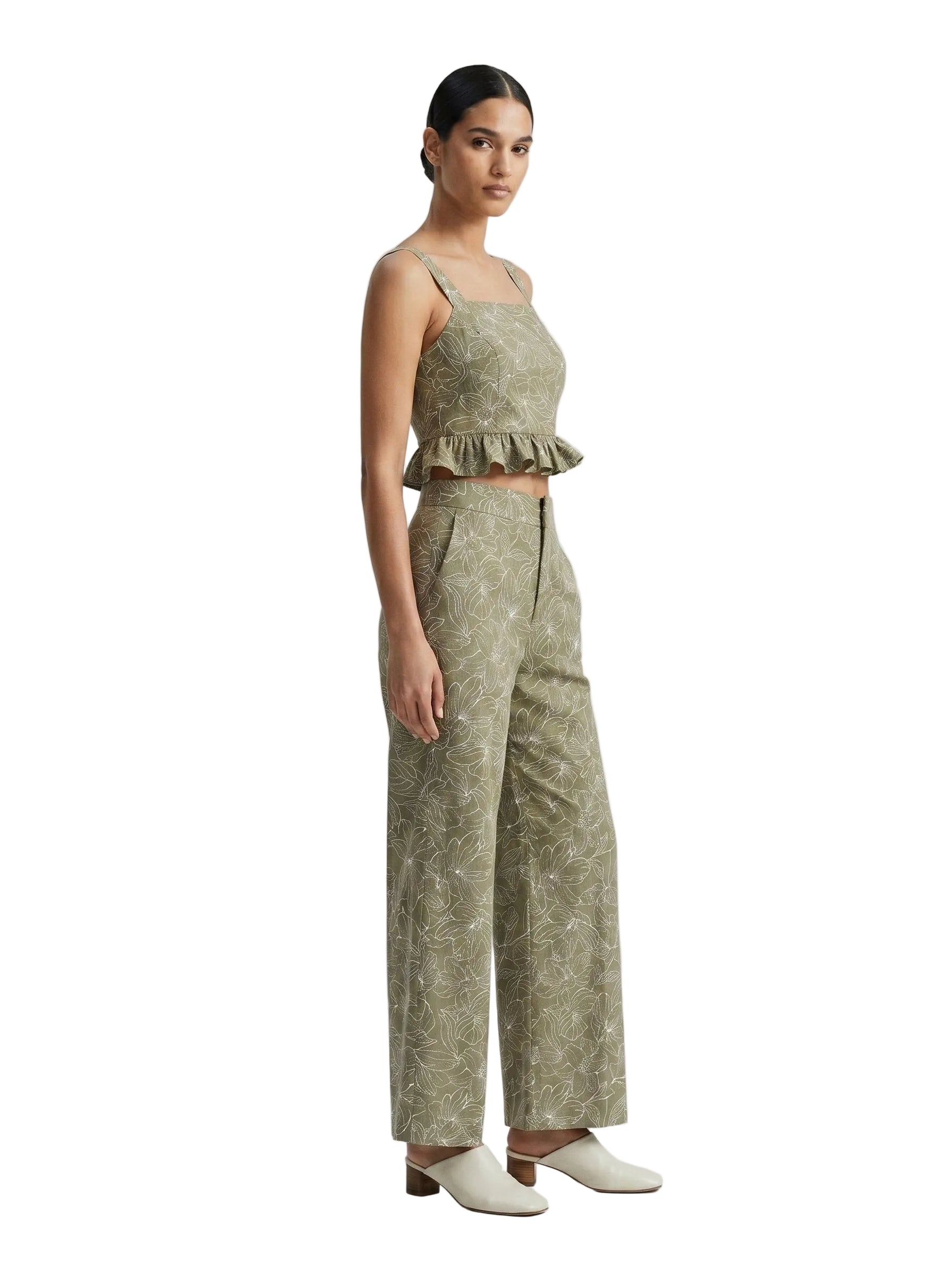 Pantalón floral de lino verde oliva
