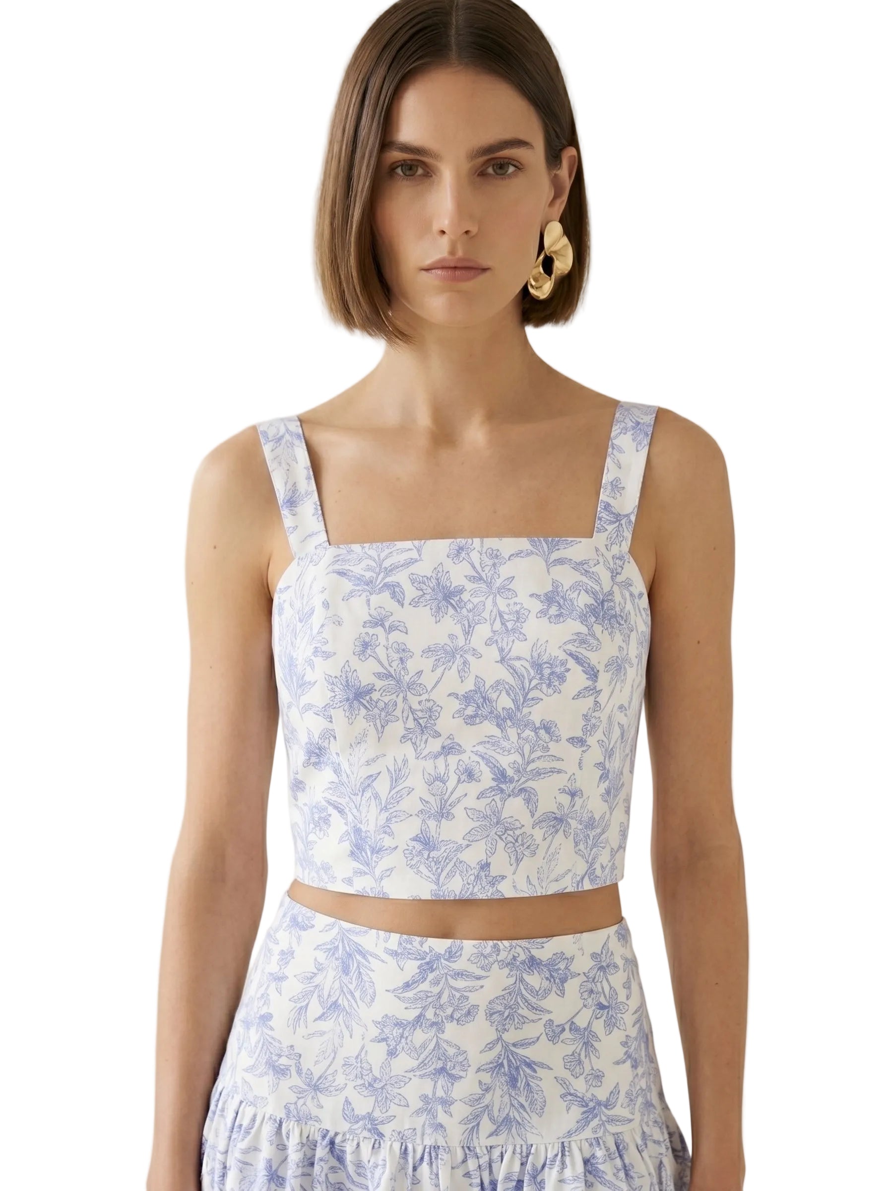Top crop corset estampado botánico blanco y azul