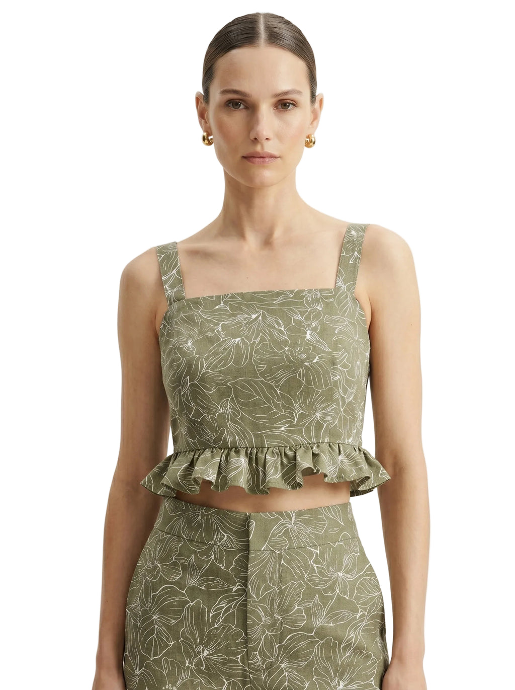 Top peplum floral de lino verde oliva