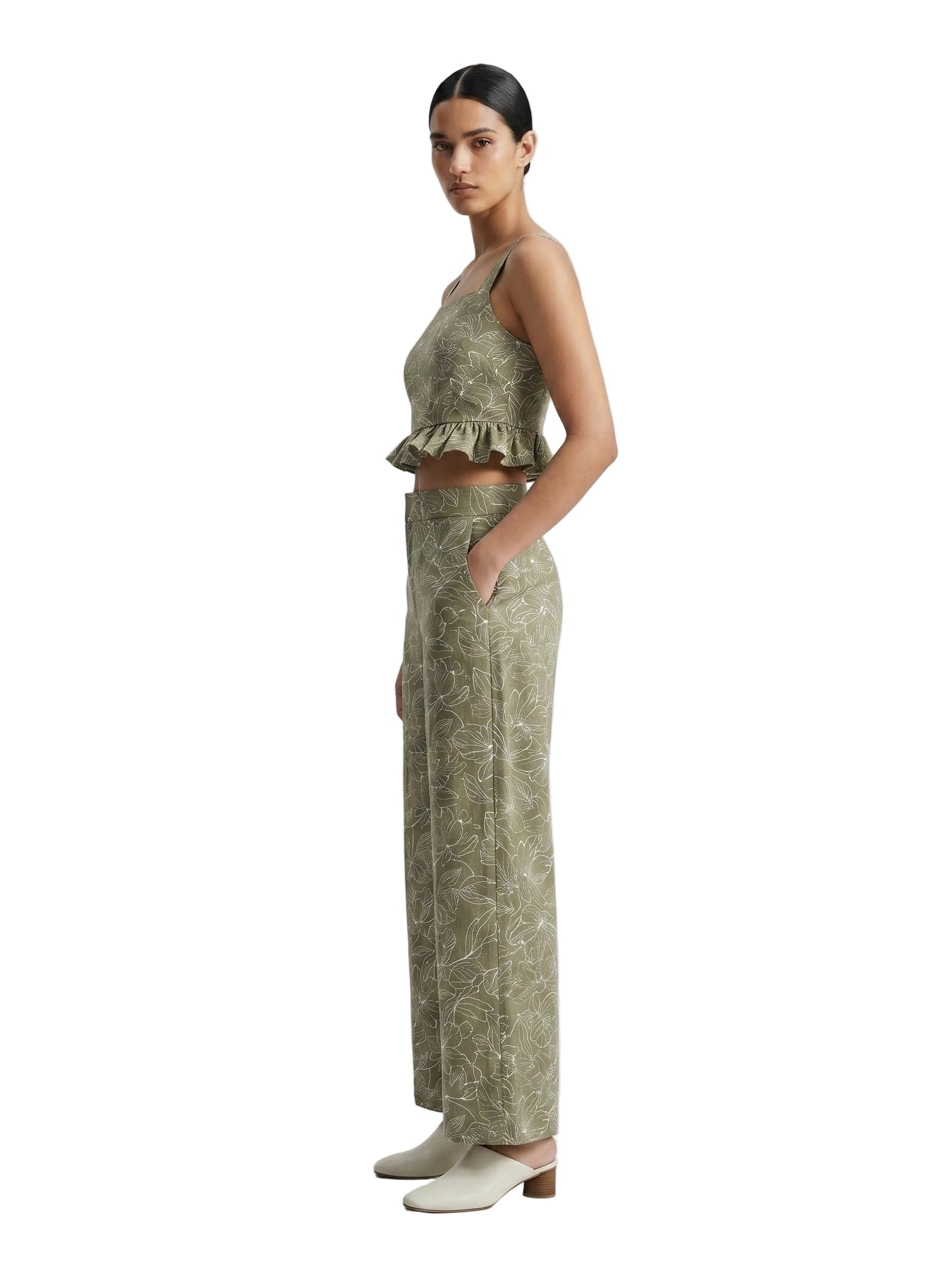 Top peplum floral de lino verde oliva
