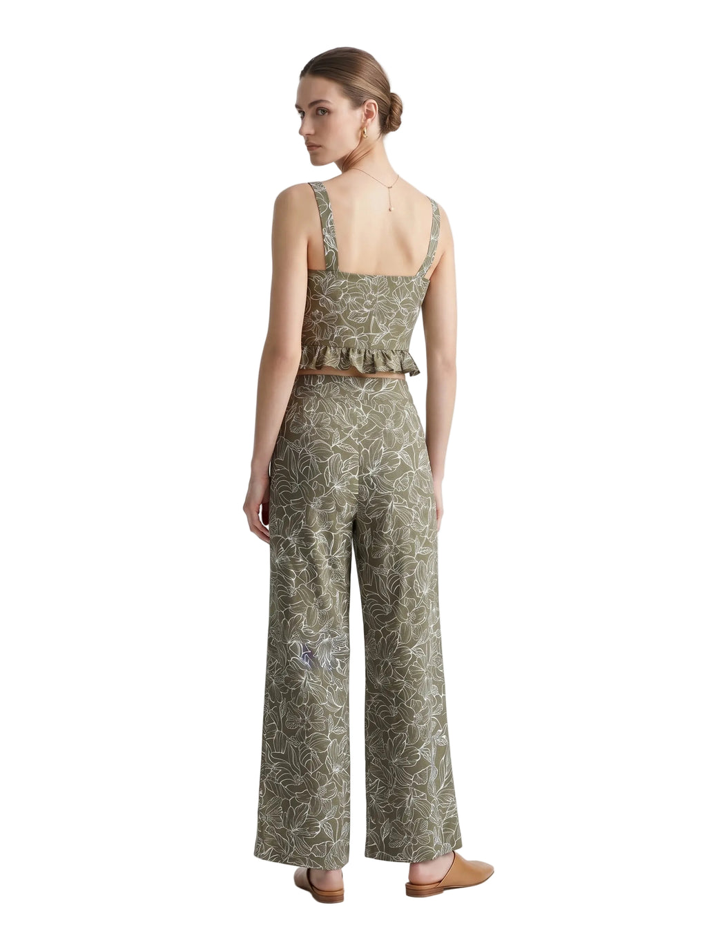 Top peplum floral de lino verde oliva