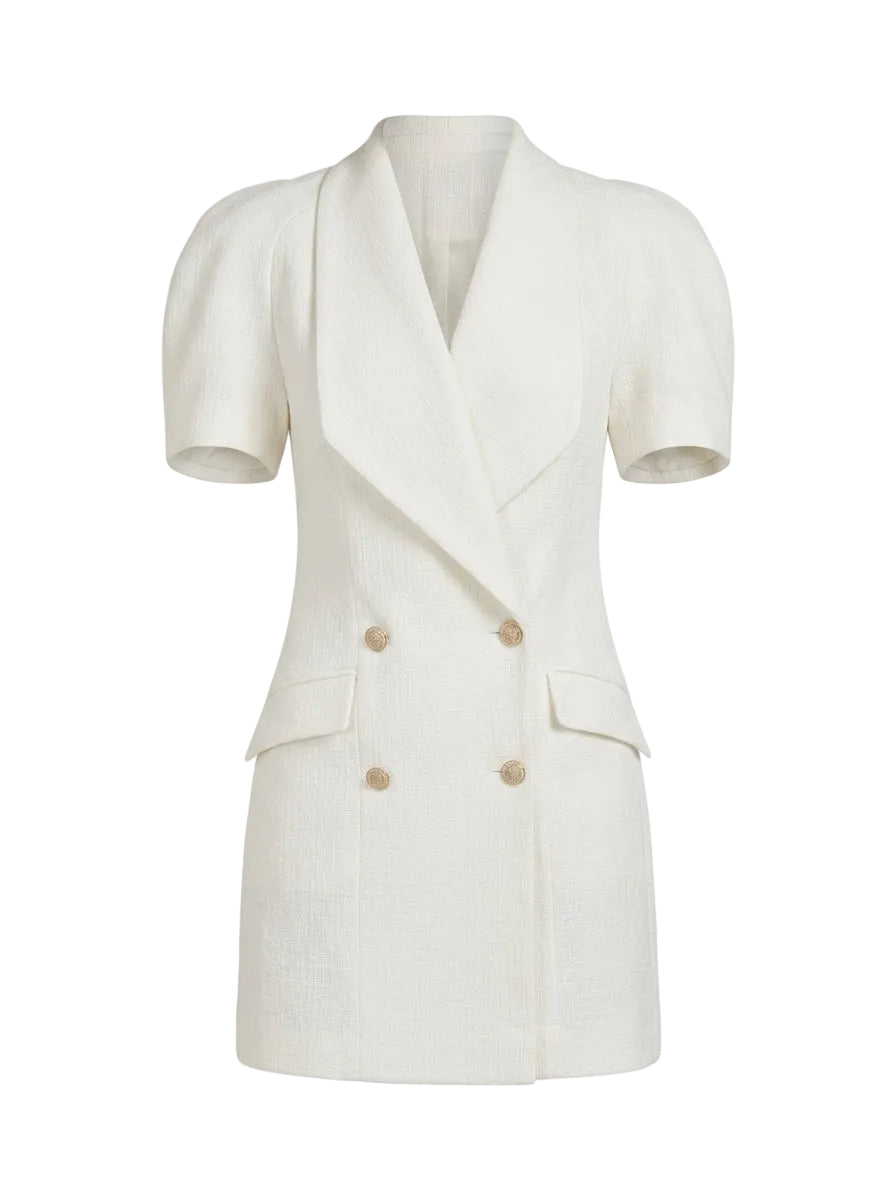 Vestido Mini Blazer en Tweed con Botones Dorados Blanco Marfil