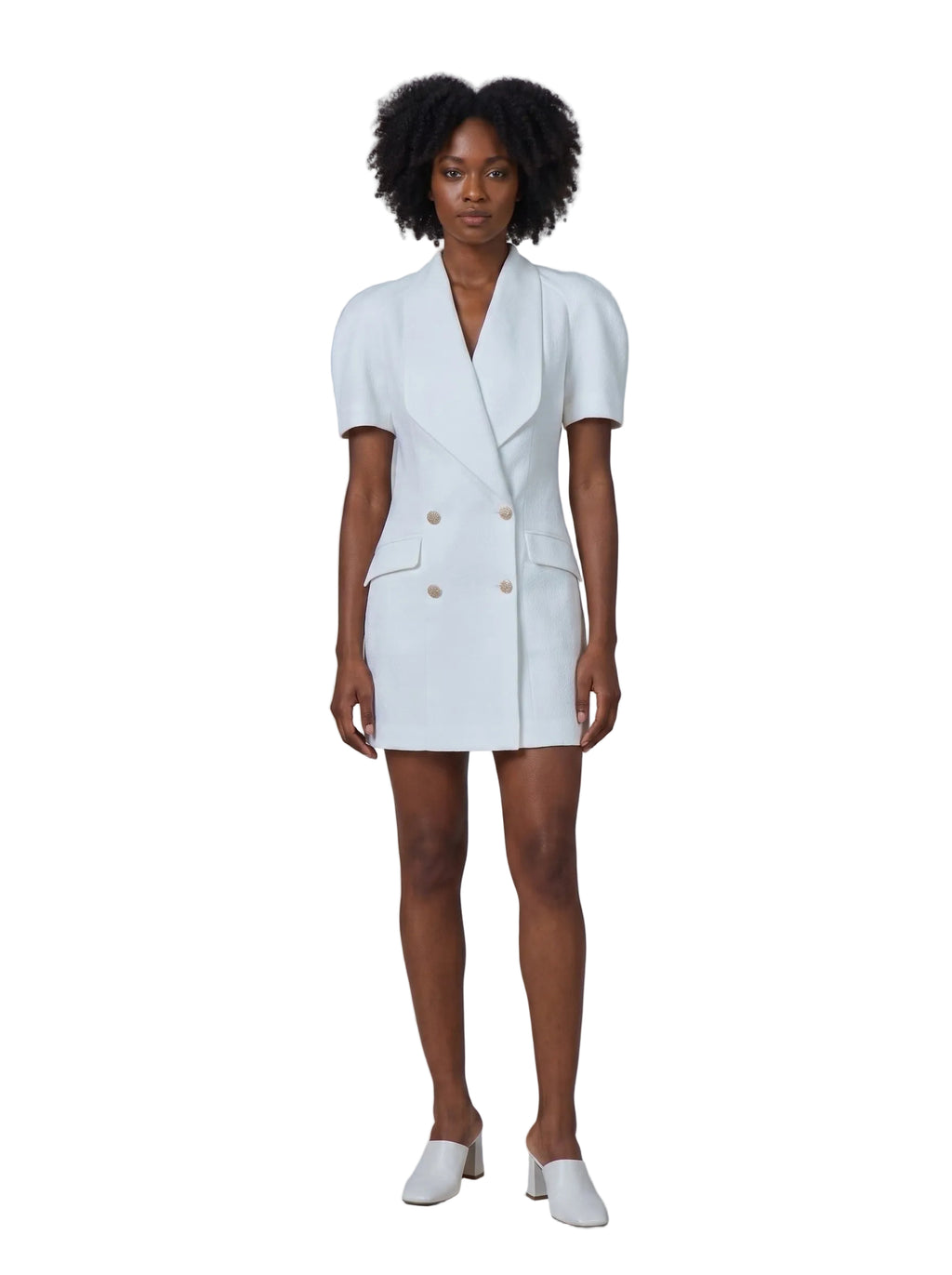 Vestido Mini Blazer en Tweed con Botones Dorados Blanco Marfil