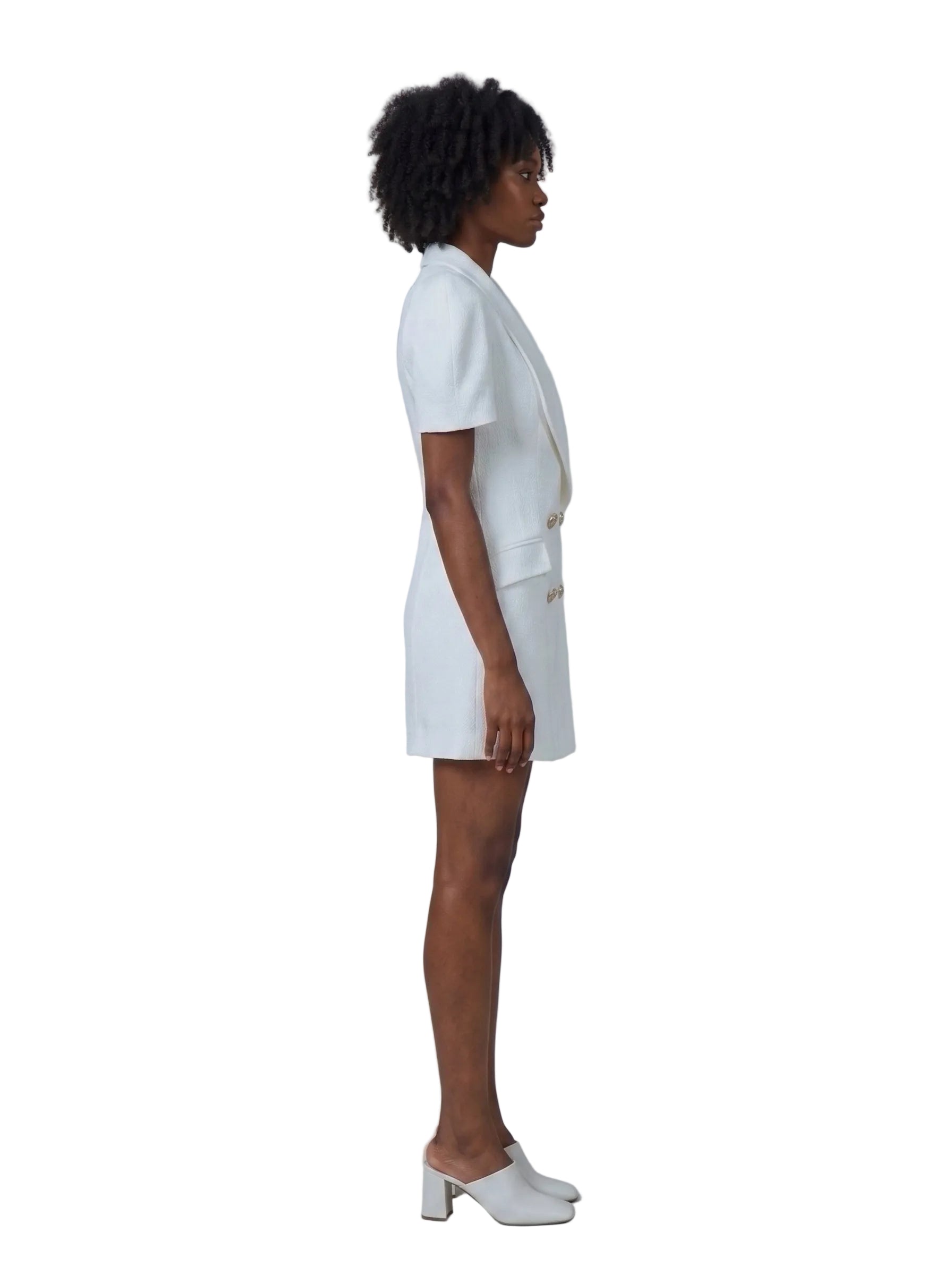 Vestido Mini Blazer en Tweed con Botones Dorados Blanco Marfil