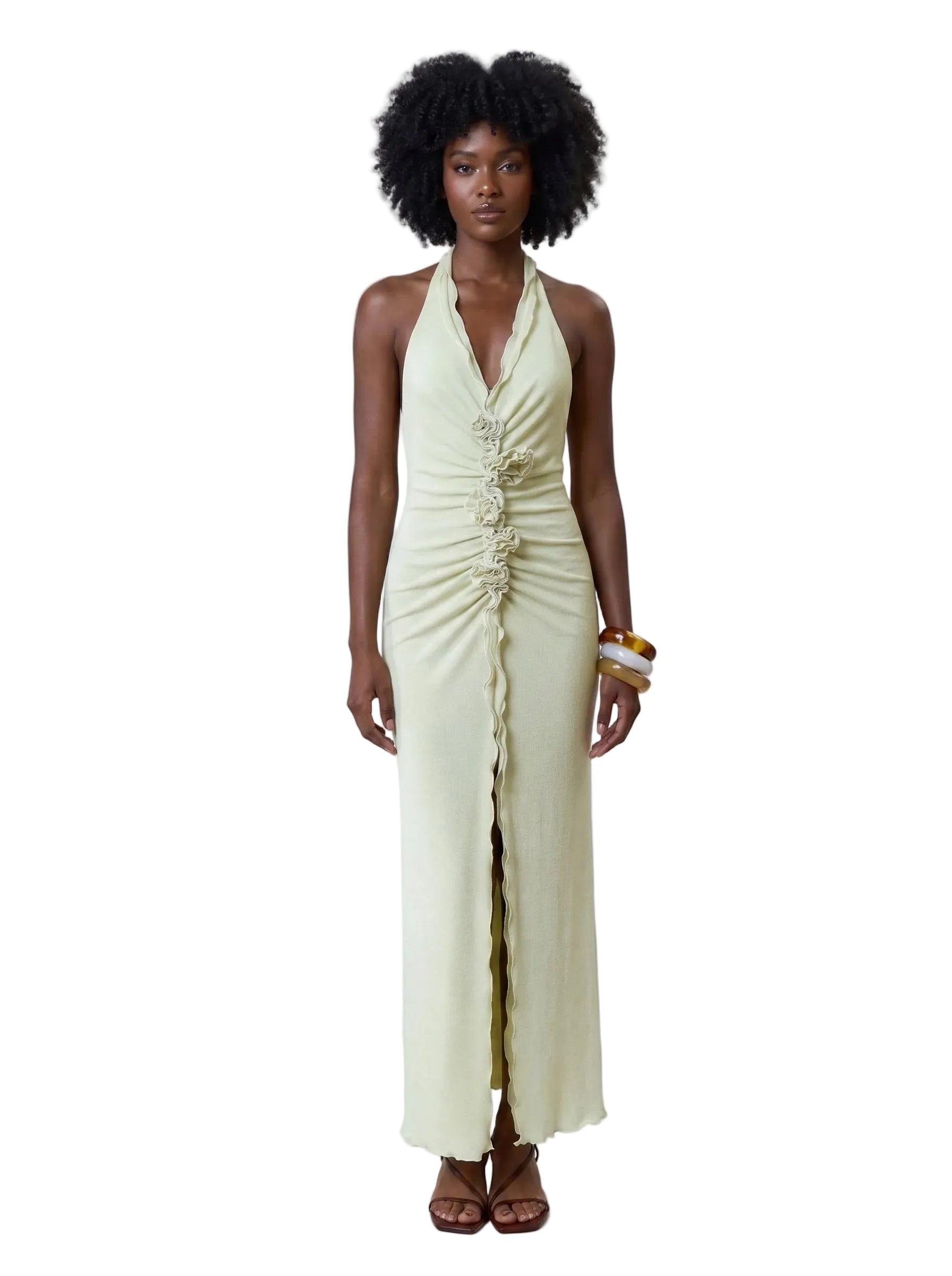 Vestido Maxi Halter con Fruncido y Flores en Relieve Verde Pistache
