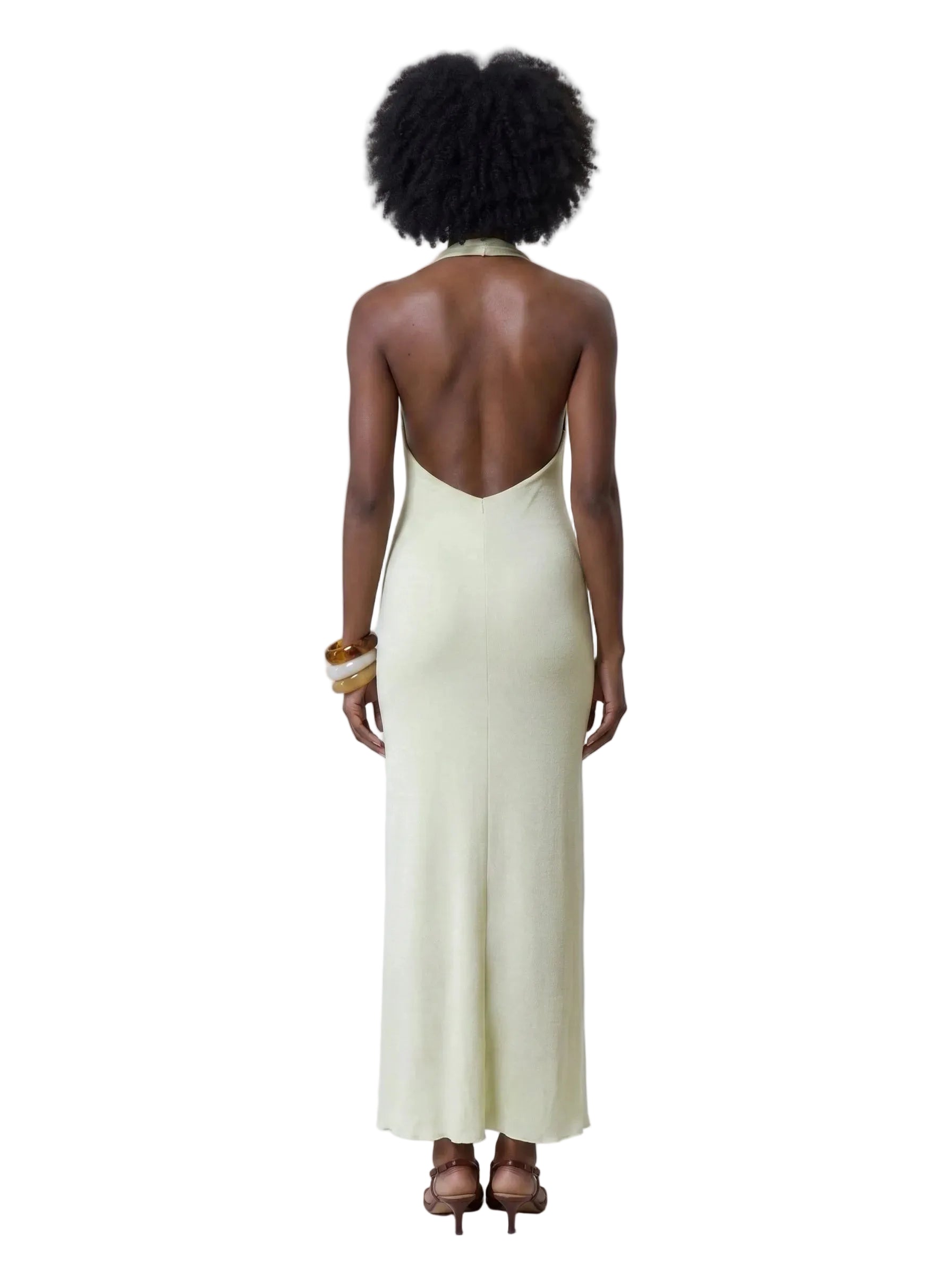 Vestido Maxi Halter con Fruncido y Flores en Relieve Verde Pistache