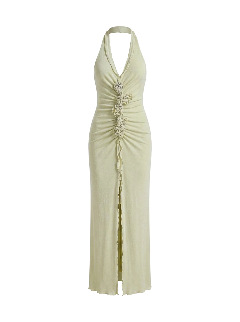 Vestido Maxi Halter con Fruncido y Flores en Relieve Verde Pistache