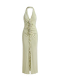 Vestido Maxi Halter con Fruncido y Flores en Relieve Verde Pistache