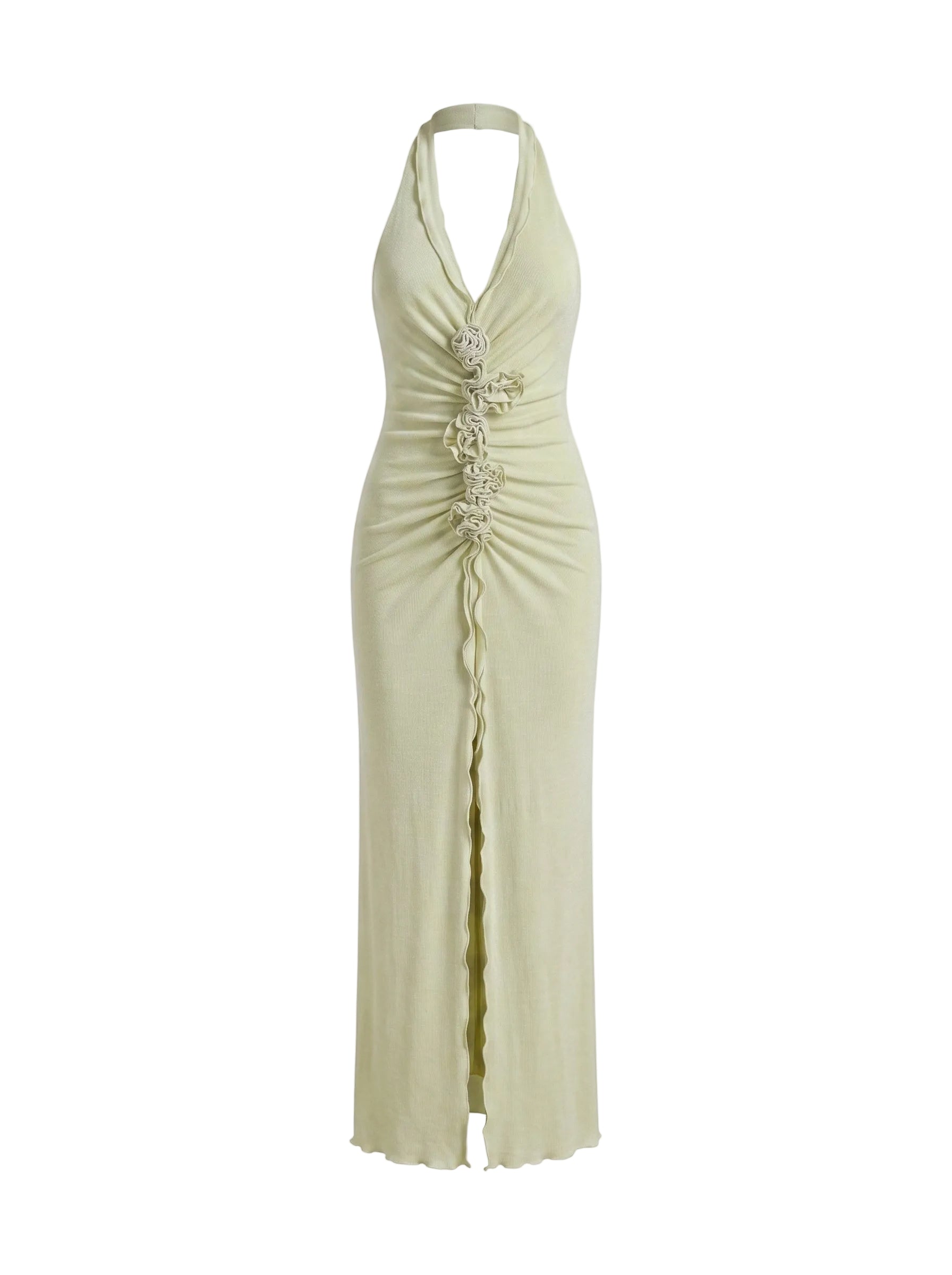 Vestido Maxi Halter con Fruncido y Flores en Relieve Verde Pistache
