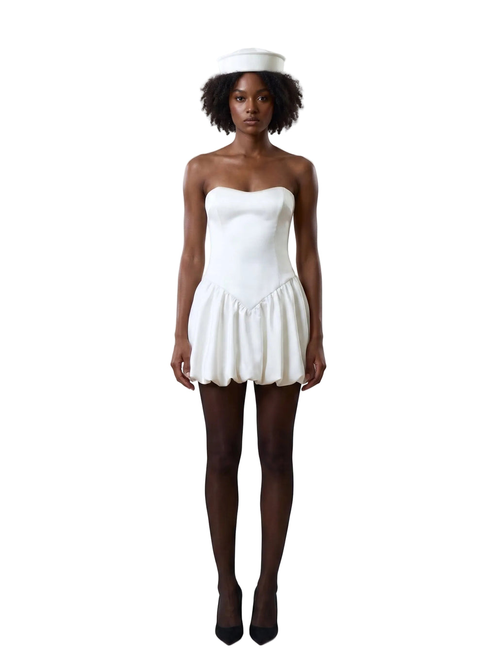 Vestido Mini Strapless con Corpiño Corazón y Falda Burbuja Blanco Marfil