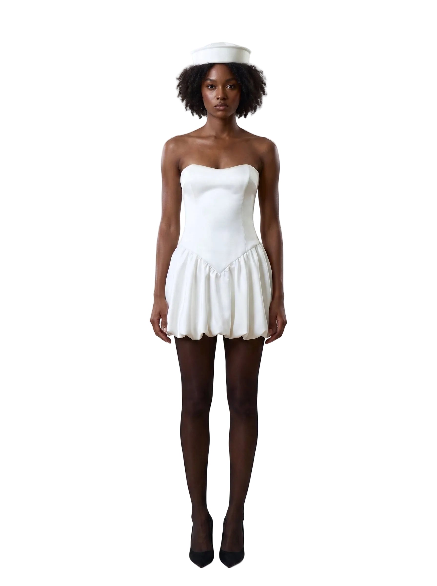 Vestido Mini Strapless con Corpiño Corazón y Falda Burbuja Blanco Marfil