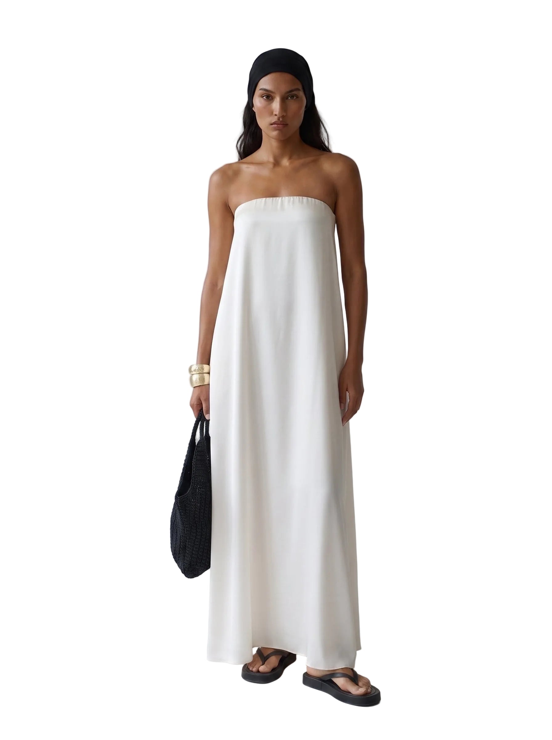 Vestido Maxi Strapless en Lino Blanco Marfil
