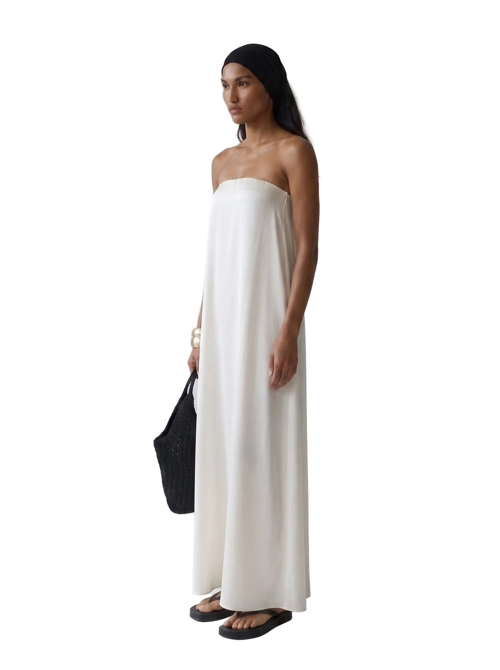 Vestido Maxi Strapless en Lino Blanco Marfil